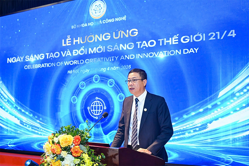 Thứ trưởng Bộ KH&CN Lê Xuân Định phát biểu khai mạc Lễ hưởng ứng Ngày Sáng tạo và Đổi mới sáng tạo thế giới năm 2026, ngày 21/4.